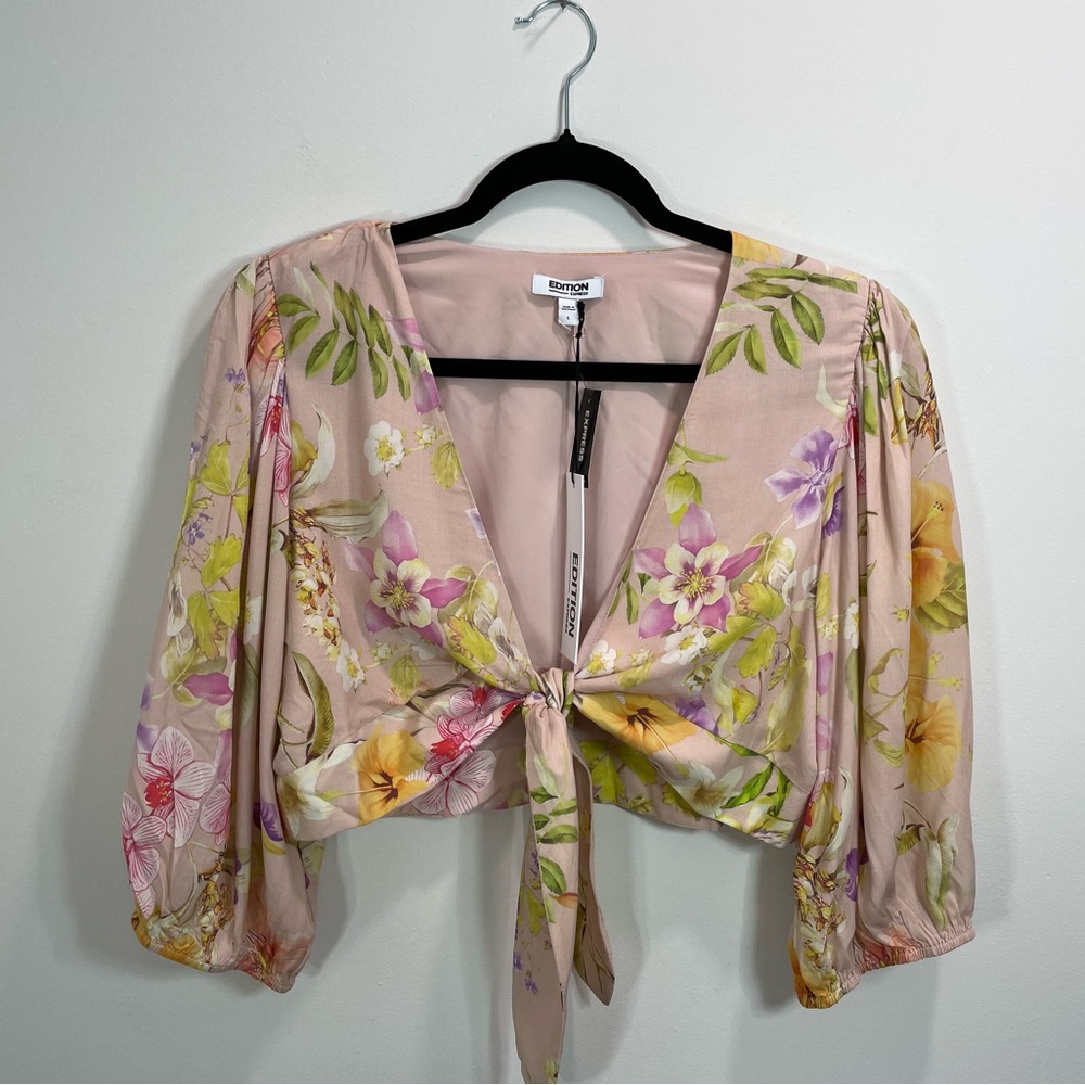 Express Tie Front Puff Sleeve Crop Top And Pants Size L NWT - Picture 6 of 8